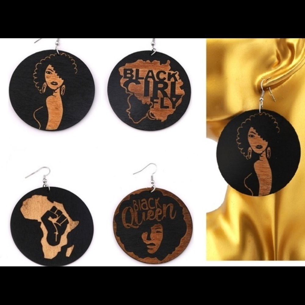 Juneteenth Afro embossed wooden round dangle earrings 4 pair